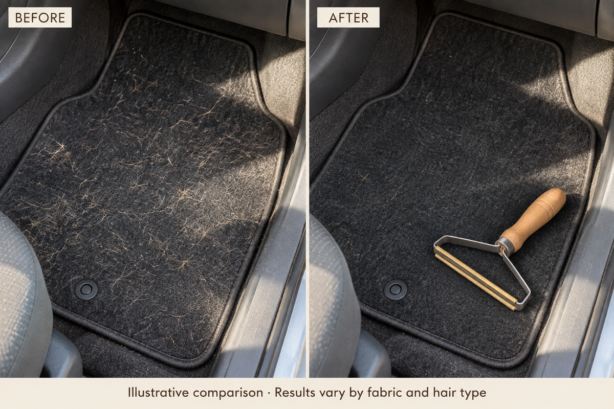 AI-generated illustrative before and after comparison of pet hair on a car mat. Results vary by fabric and hair type.