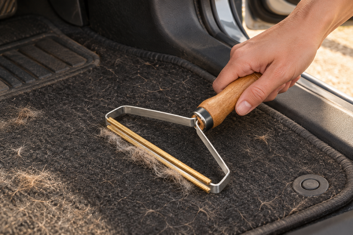 Illustrative AI-generated scene of a hand using the wooden hair remover on a car mat, with natural light and contact shadows.