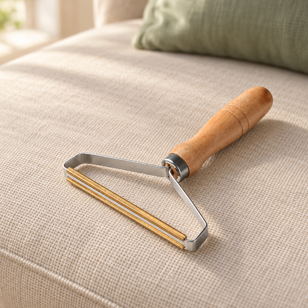 Wooden-handled Furlé hair remover on a beige sofa